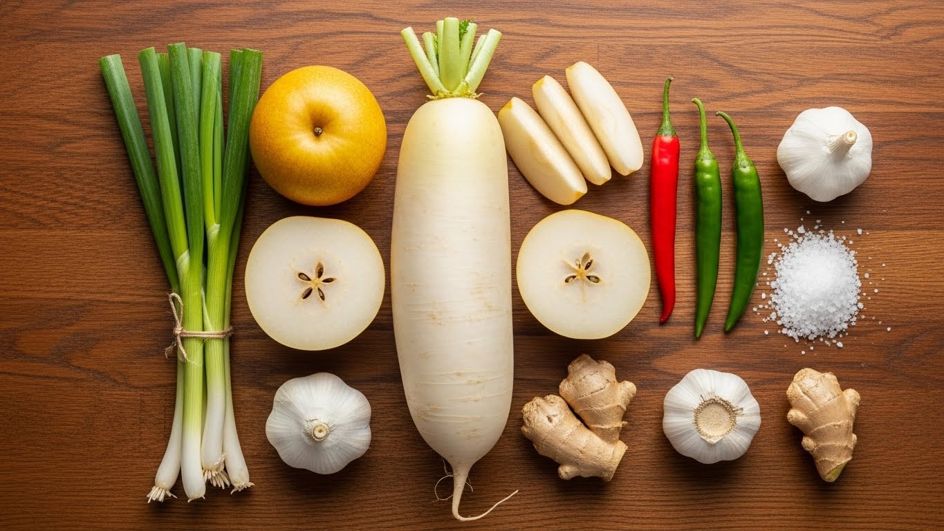 신선한-한국-무,-배,-파,-마늘,-생강,-고추,-굵은-소금을-나무-식탁-위에-깔끔하게-배치하였습니다.