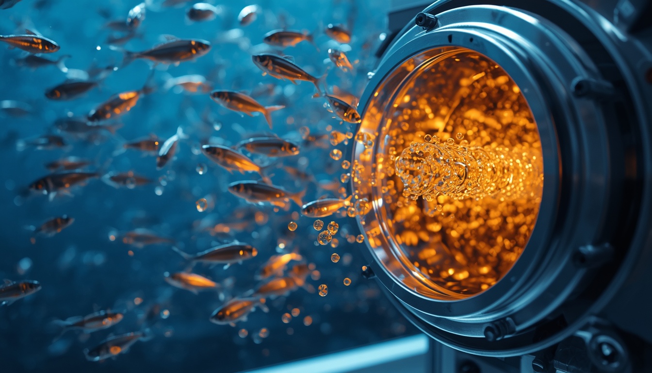 Infographic visual of small fish, supercritical CO2 extraction laboratory, and golden rTG molecular structure