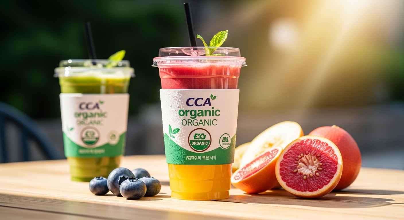 유기농 로고와 함께 배치된 주스 컵