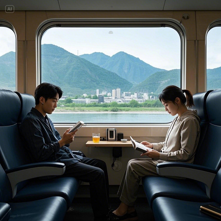 KTX 열차 내부에서 창가 좌석을 이용하는 승객들, 편안하게 독서하거나 풍경을 감상하는 모습3