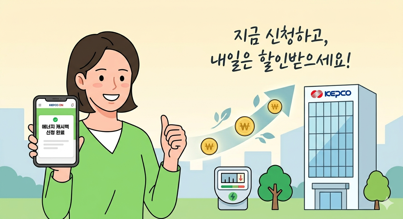 한전 에너지 캐시백 신청 독려 일러스트, 한전 ON 모바일 앱 신청 화면, 지금 신청하고 내일은 할인받으세요