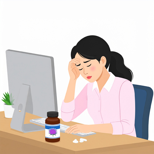 밀크씨슬 복용이 필요한 피로한 직장 여성 일러스트