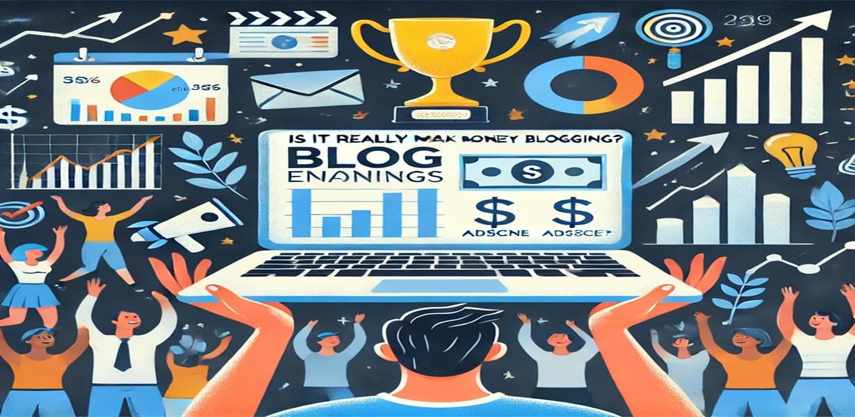 블로그 수익을 상징하는 그래프와 통계 차트, 사람들의 환호, 수익화 아이콘, 노트북 화면에 'BLOG EARNINGS'가 표시된 일러스트