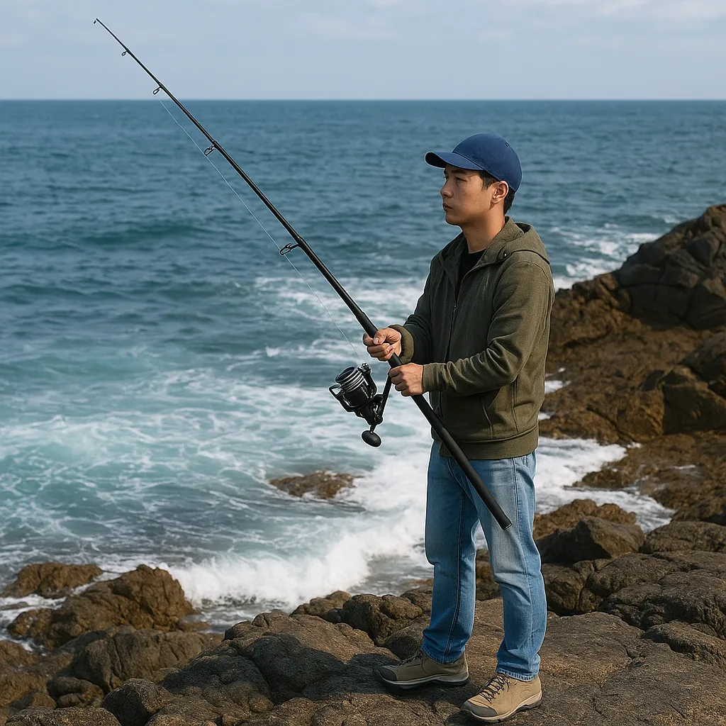 갯바위 위에서 원투 낚시대를 들고 있는 남성