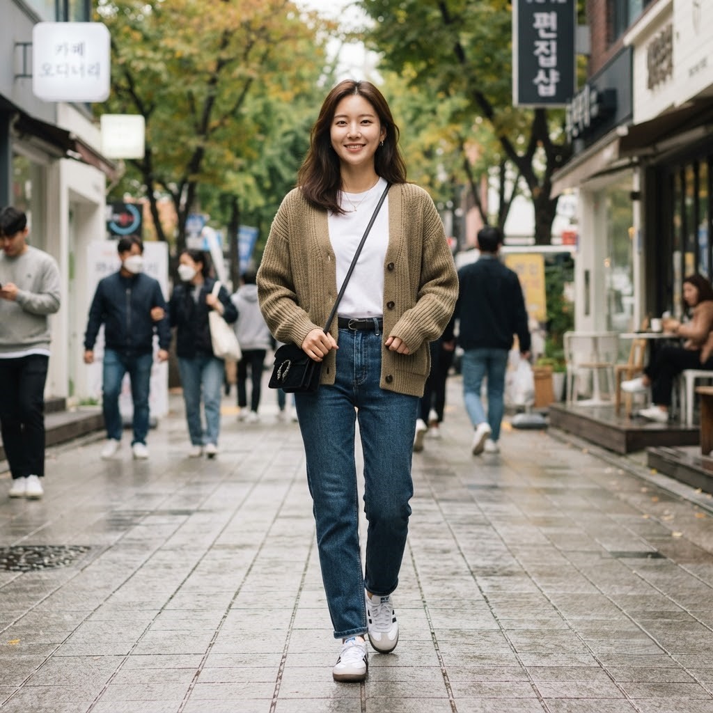 한국인의 원포인트 톤다운 공식을 보여주는 착장 이미지

내용: 화이트 티셔츠는 그대로 두고 카디건 하나만 카키로 바꾼 코디예요. 이 한 가지 변화로 인상이 완전히 달라져요.