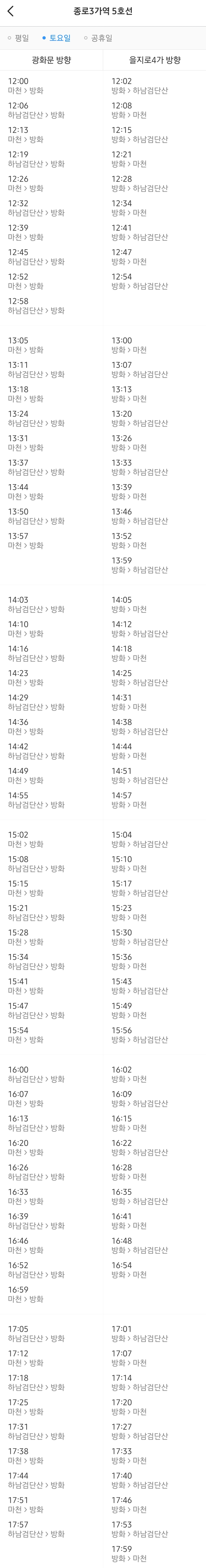 종로3가역 지하철 5호선 주말 오후 열차시간표