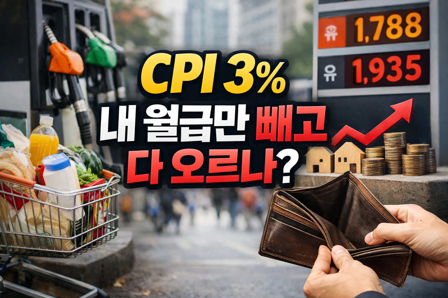 주유기와 장바구니, 빈 지갑과 상승 화살표·동전·집 아이콘이 보이고 “CPI 3% 내 월급만 빼고 다 오르나?” 문구가 있는 이미지
