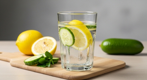 투명한 물컵에 오이와 레몬이 담긴 장면