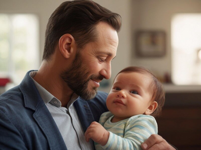 아기를 안고 아기를 바라보면 웃고 있는 아빠
