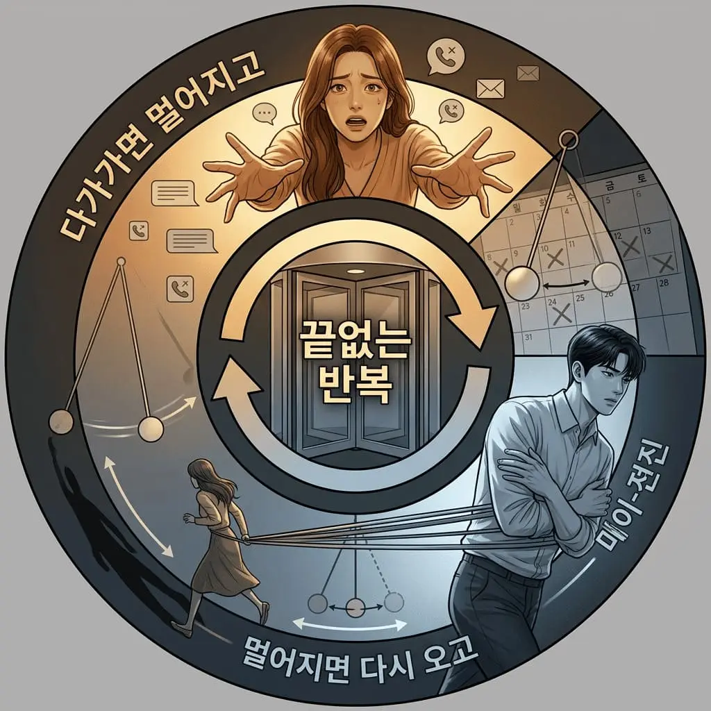 여자가 다가가면 멀어지고 멀어지면 다시 오는 회피형 남자 밀당 반복(Push Pull Cycle)을 보여주는 관계 패턴