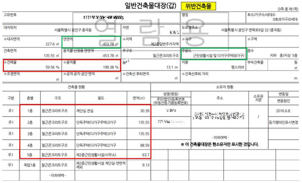 위반건축물 표기 된 건축물대장 예시
