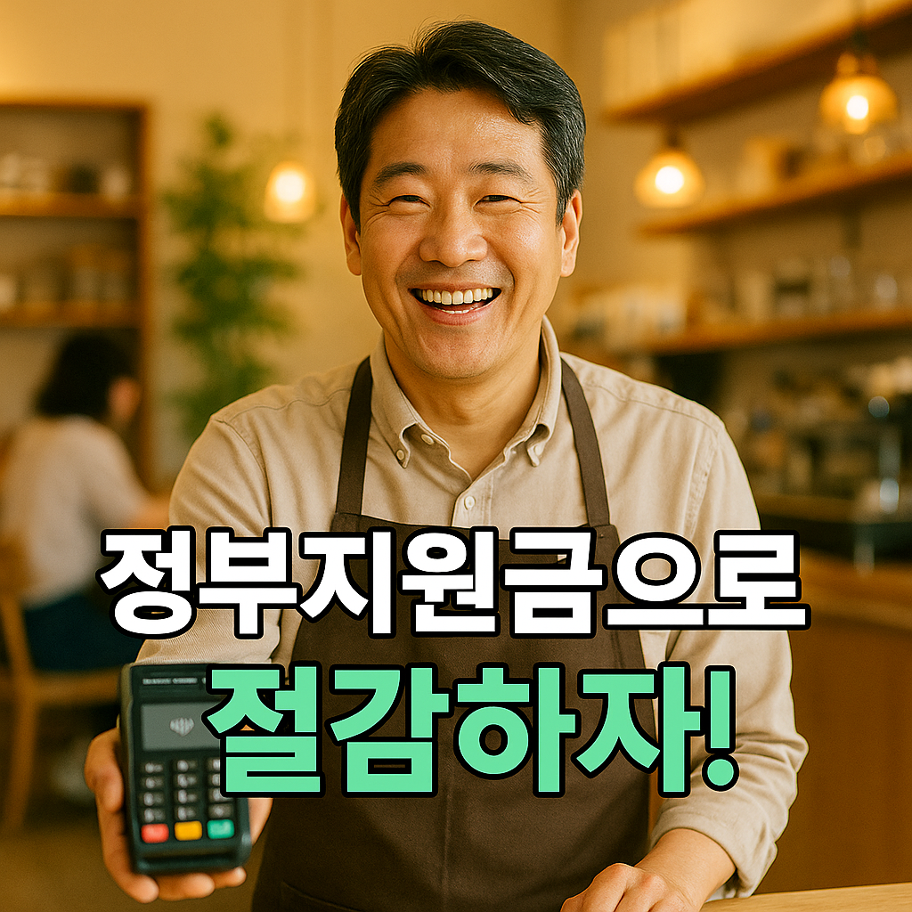 카페에서 카드 단말기를 들고 미소 짓는 소상공인