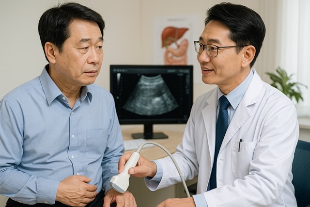 간초음파 검사를 받으며 의사와 상담 중인 중년 남성의 병원 진료 모습(출처: 자체제작)