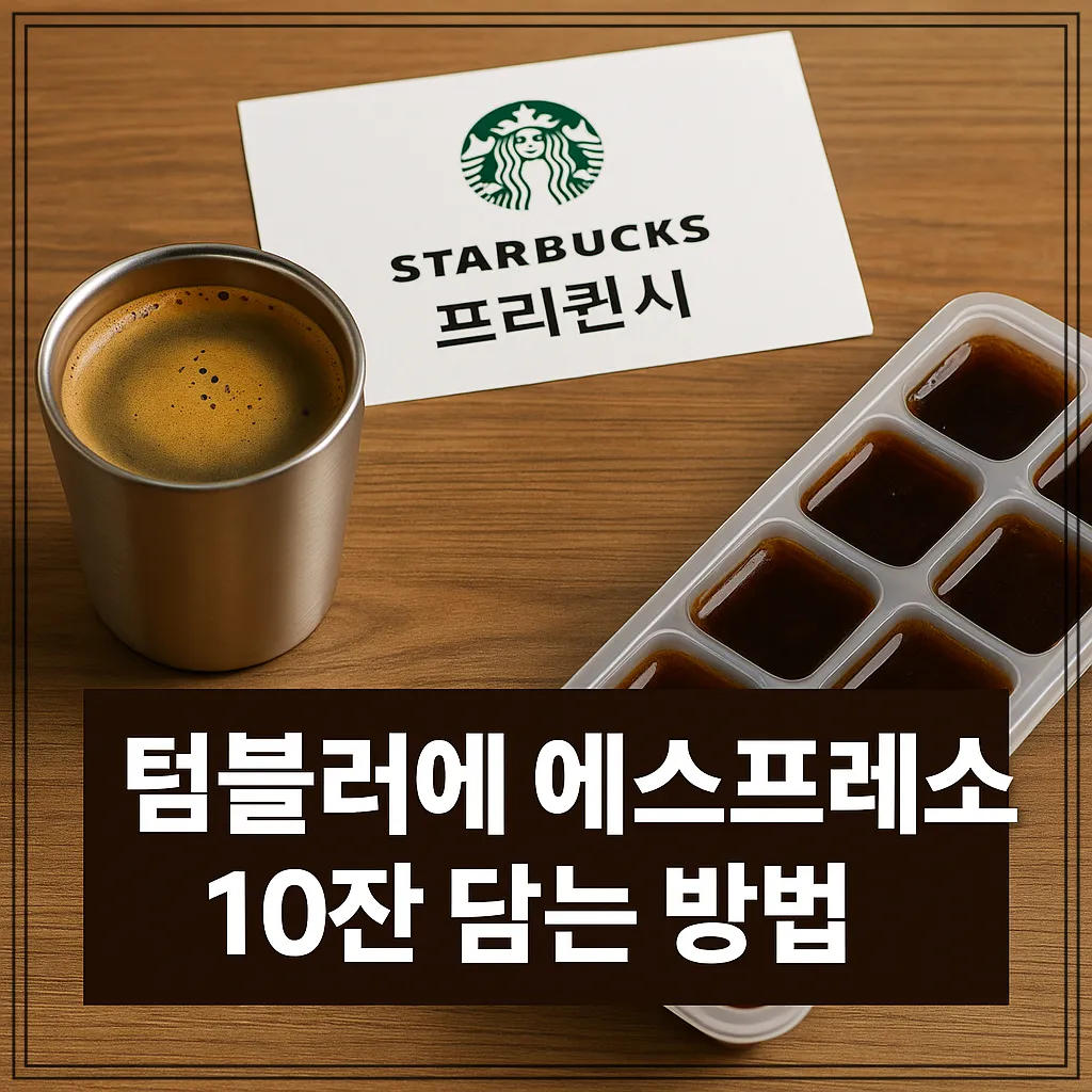 나무-테이블-위에-스타벅스-프리퀀시-카드가-놓여-있고-왼쪽에는-텀블러에-담긴-에스프레소-오른쪽에는-에스프레소가-담긴-얼음틀이-놓여있다-화면-아래에는-텀블러에-에스프레소-10잔-담는-방법이라는-문구가-큼직하게-쓰여-있다