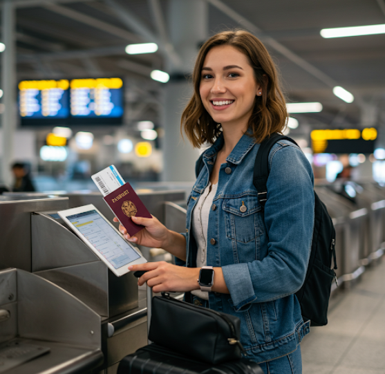 여성 여행자가 공항에서 체크리스트를 보는 모습