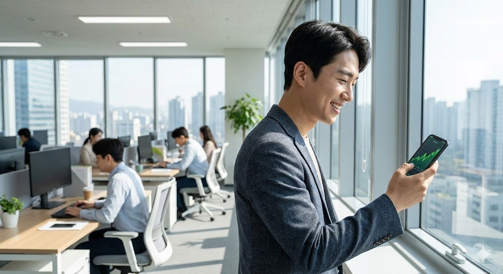 스마트폰으로 주식 차트를 보며 미소 짓는 직장인의 모습, 밝고 희망찬 분위기