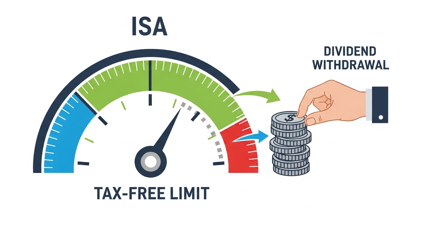 비과세 한도 게이지가 그려진 ISA 계좌 다이어그램. 배당금을 인출할 때마다 게이지가 줄어드는 모습이 시각적으로 표현됨