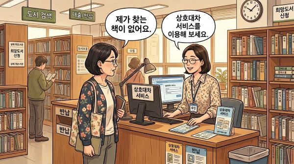 동네 도서관에서 상호대차서비스에 대해 대화하는 사서와 주민