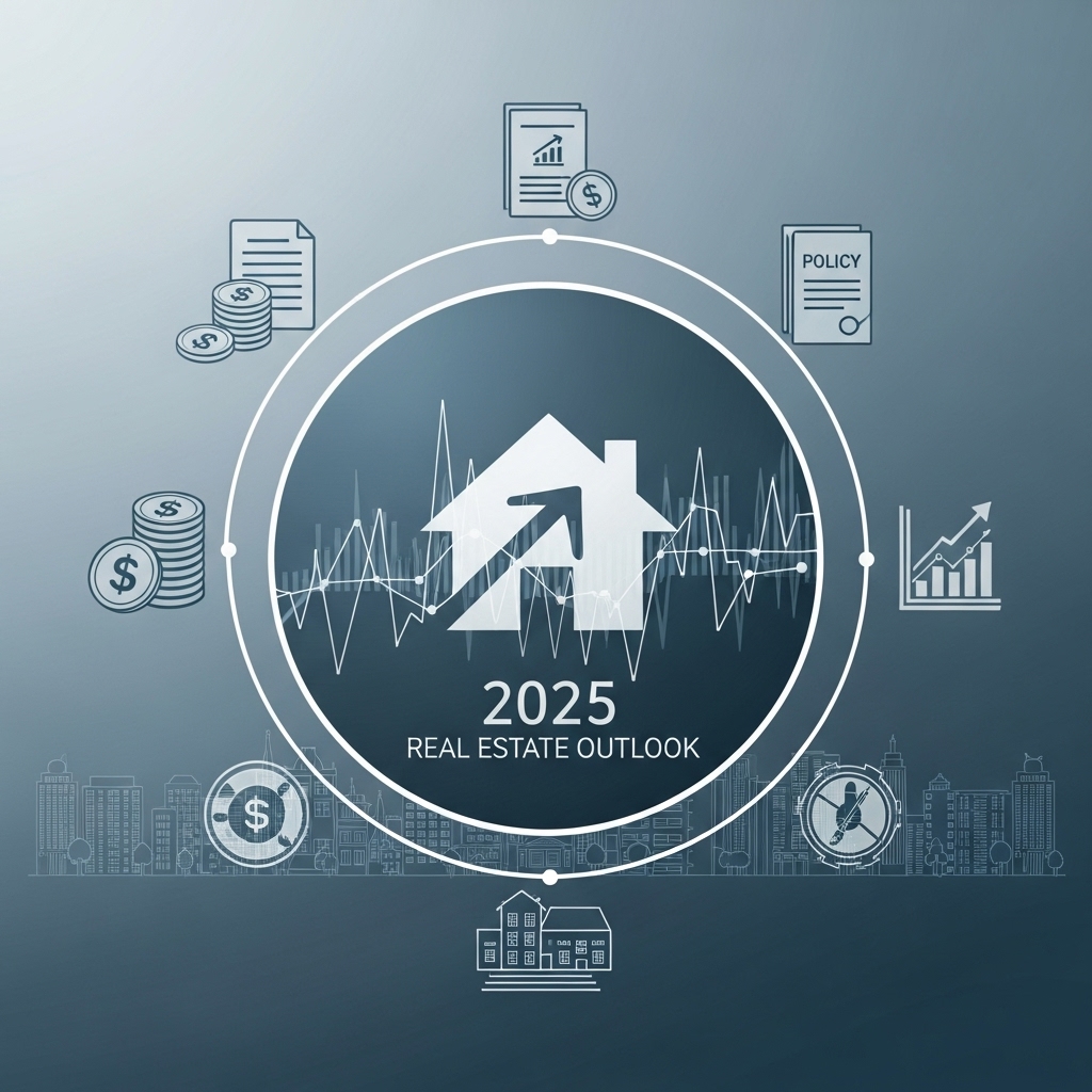 2025년 부동산 시장의 주요 변동 요인과 기회를 나타내는 파란색과 회색 톤의 시각적인 인포그래픽, 주택 아이콘과 상승 그래프가 강조됨.