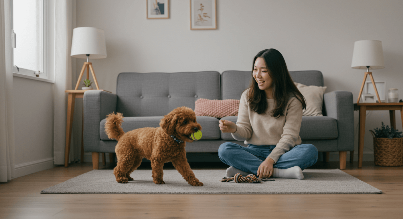 집안에서 주인과 함께 공놀이를 하고 있는 토이푸들