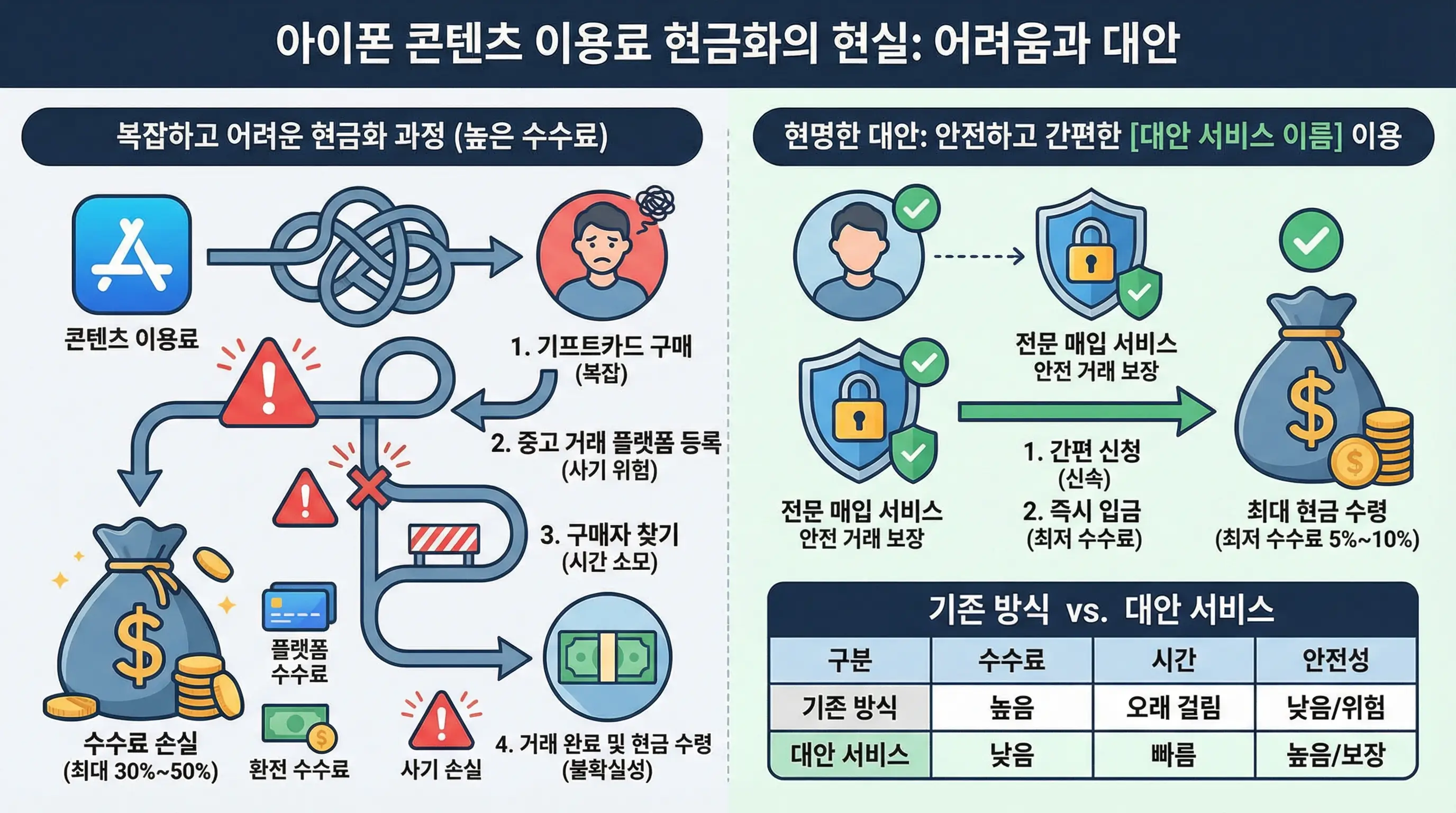 아이폰 콘텐츠 이용료 현금화의 어려움과 높은 수수료 문제를 설명하고 대안을 제시하는 인포그래픽