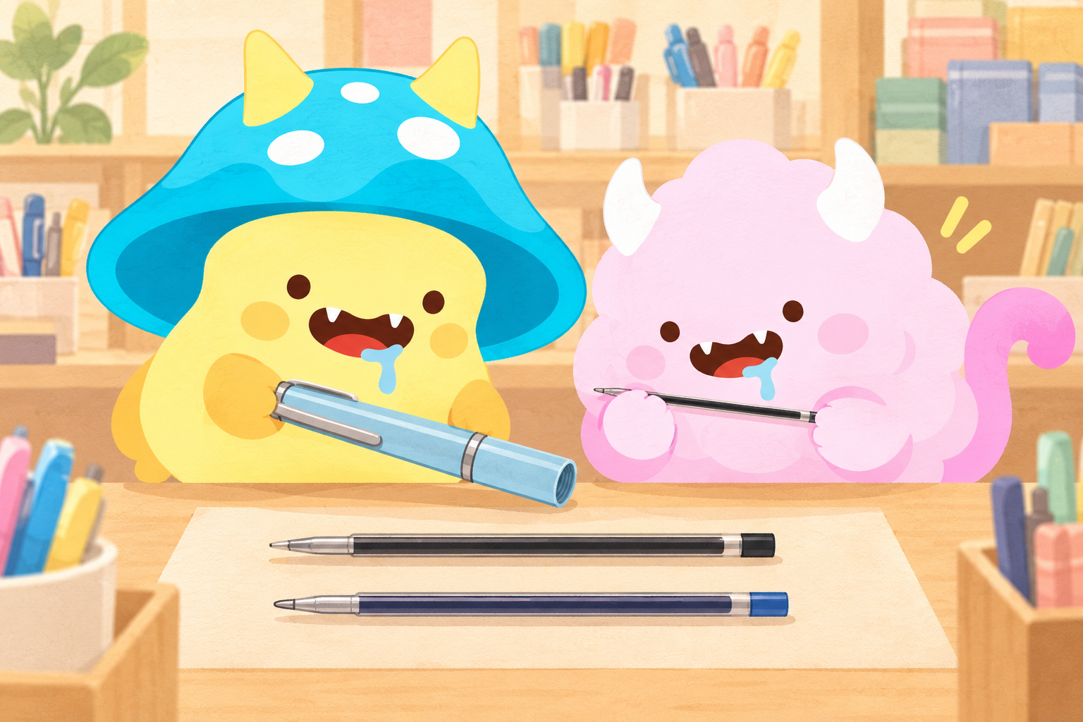 Bode holds a pen body while ShuShu compares refills at a stationery counter.