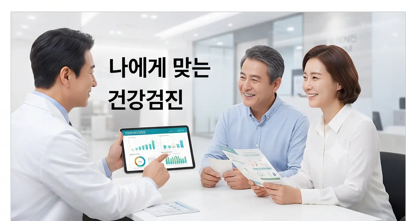 나에게 맞는 건강검진 안내 문구와 함께 태블릿 PC와 안내 책자를 보며 의사와 상담하는 중년 부부