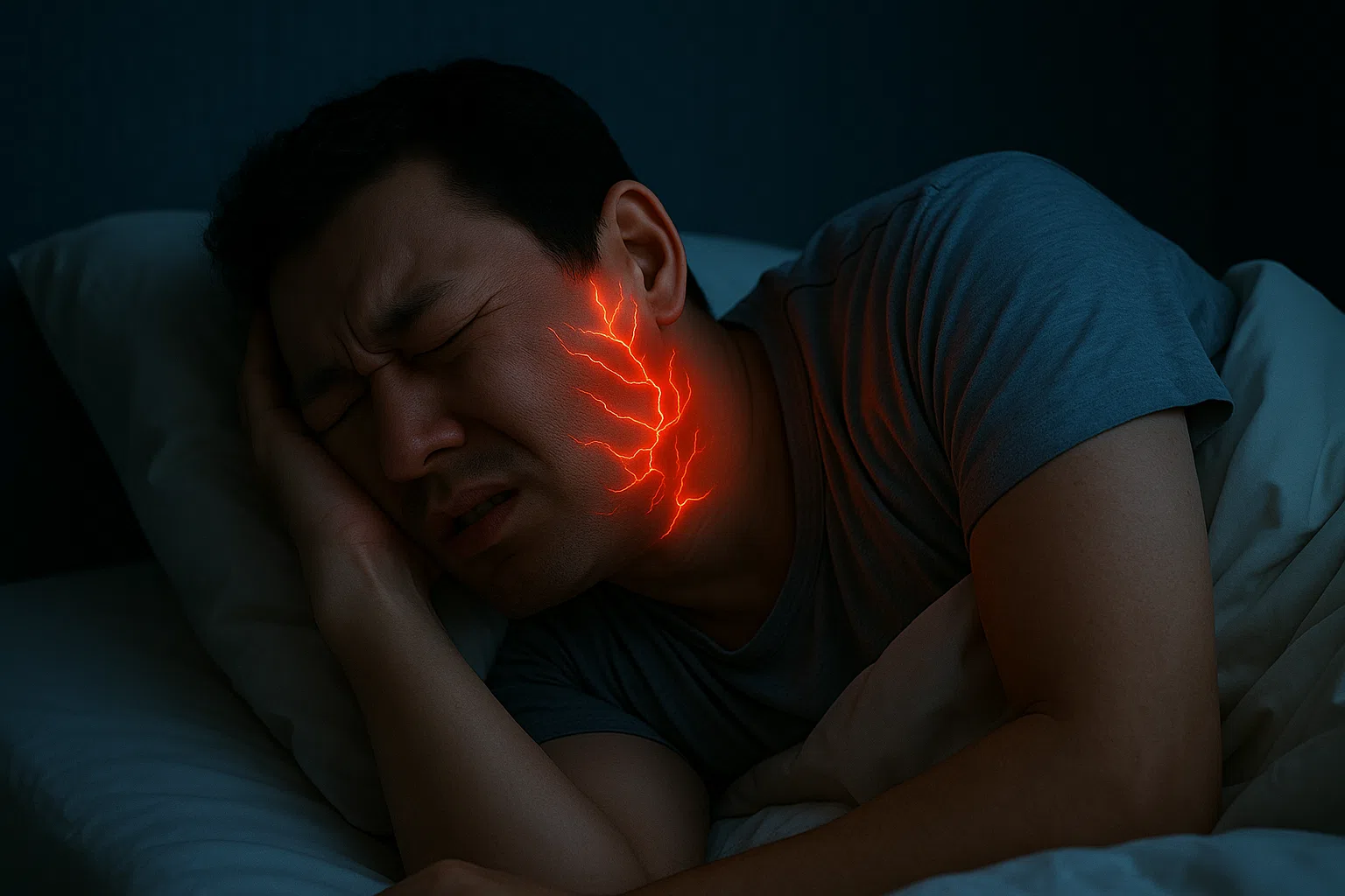 피부는 회복되었지만 신경에 불이 켜진 듯 붉게 빛나며 통증이 남아 있는 장면, 환자가 잠을 설치는 모습