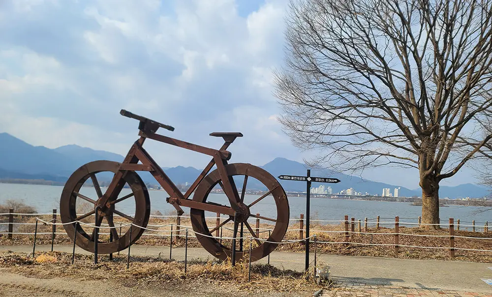 물안개공원 호수가에 있는 커다란 나무 자전거 모형