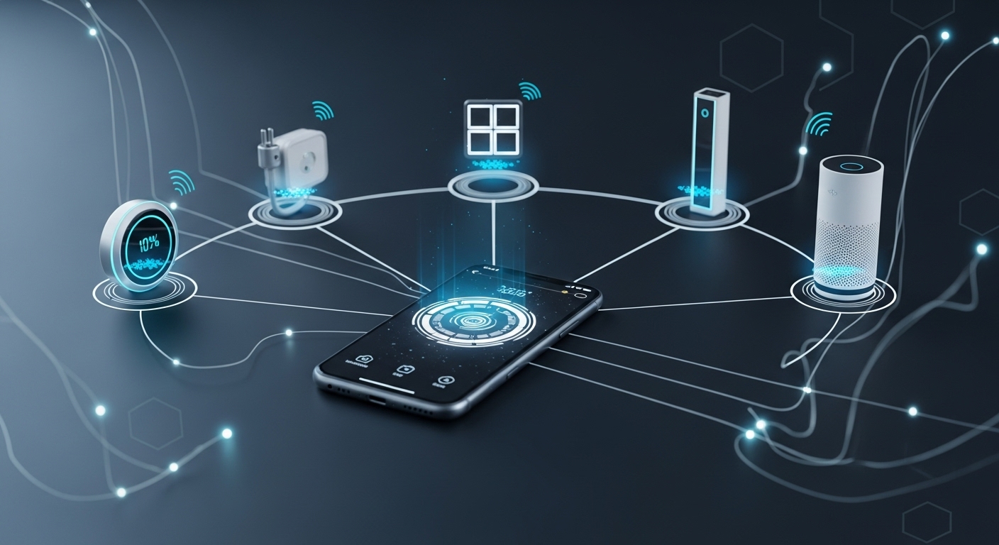 스마트폰을 중심으로 스마트 온습도 조절기, 플러그, 창문 센서 등 다양한 IoT 가전들이 서로 연동되어 시너지를 내는 모습을 시각적으로 표현.