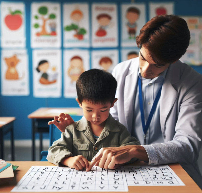 이미지는 난독증이 있는 아이가 교사와 함께 학습을 하는 장면을 보여줍니다. 교사는 아이의 앞에 앉아 있으며, 아이는 교사의 지시에 따라 글자를 소리로 연결하는 연습을 하고 있습니다. 교사의 손은 아이의 손 위에 놓여져 있으며, 함께 글자를 따라 쓰고 있는 모습입니다. 교실의 벽에는 알파벳과 단어가 적힌 포스터가 붙어 있으며, 책상에는 여러 가지 학습 자료들이 놓여져 있습니다.