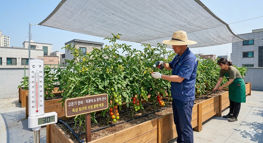 차광막과 점적 관수가 설치된 옥상 토마토 재배 환경