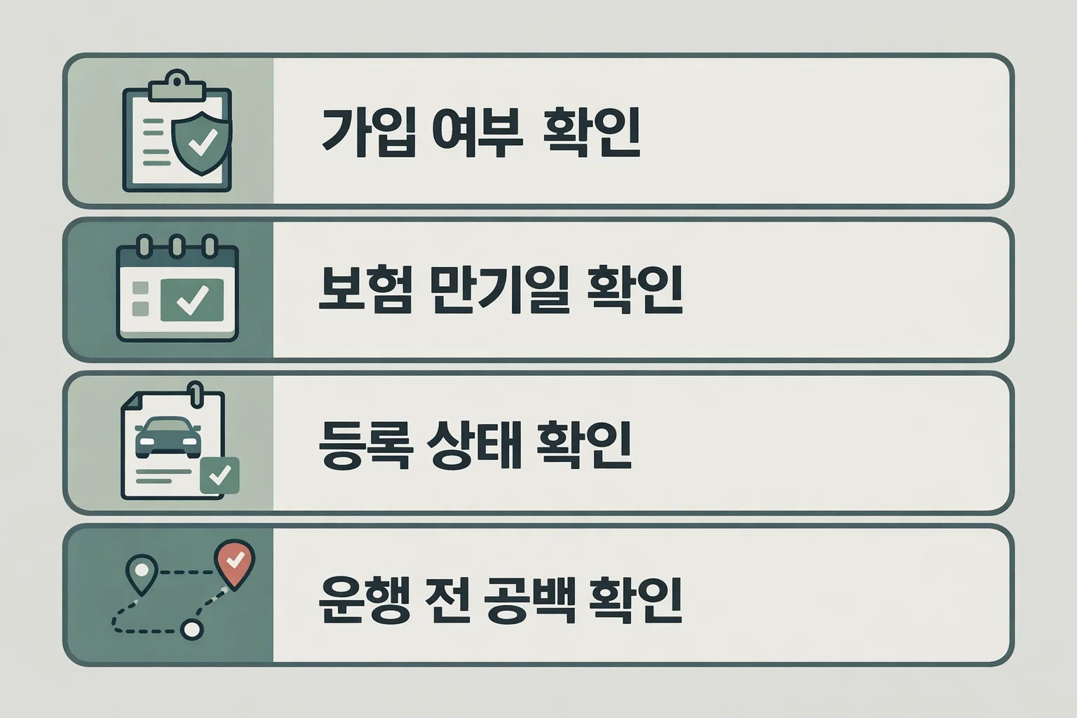 자동차 책임보험 미가입 시 불이익을 줄이기 위해 가입 여부 보험 만기일 등록 상태 운행 전 공백 여부를 점검하도록 정리한 이미지
