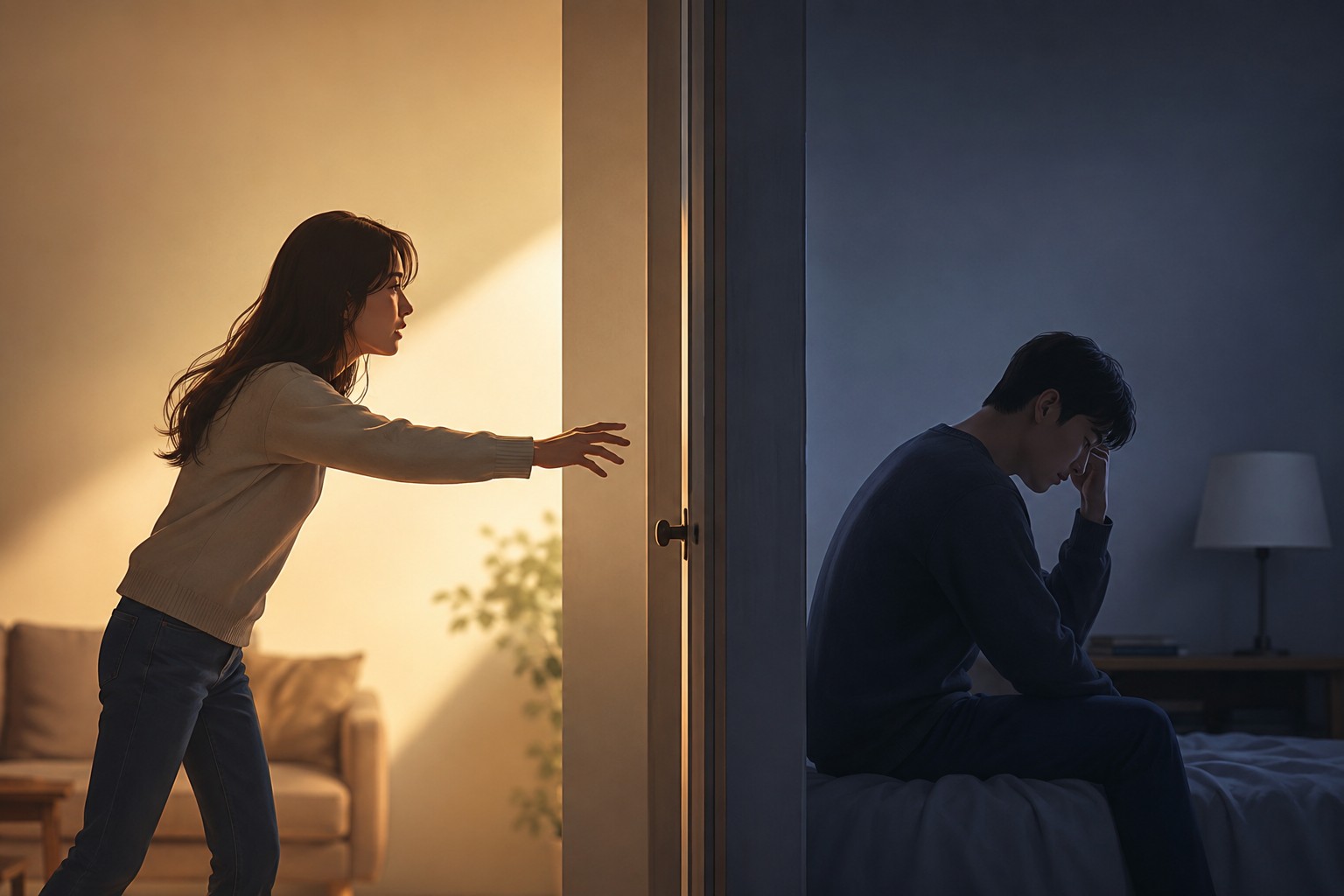 불안형과 회피형의 갈등을 상징하는 일러스트.