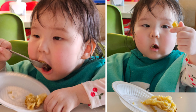 여주 썬밸리 워터파크 내부 식당에서 고구마 먹는 아이