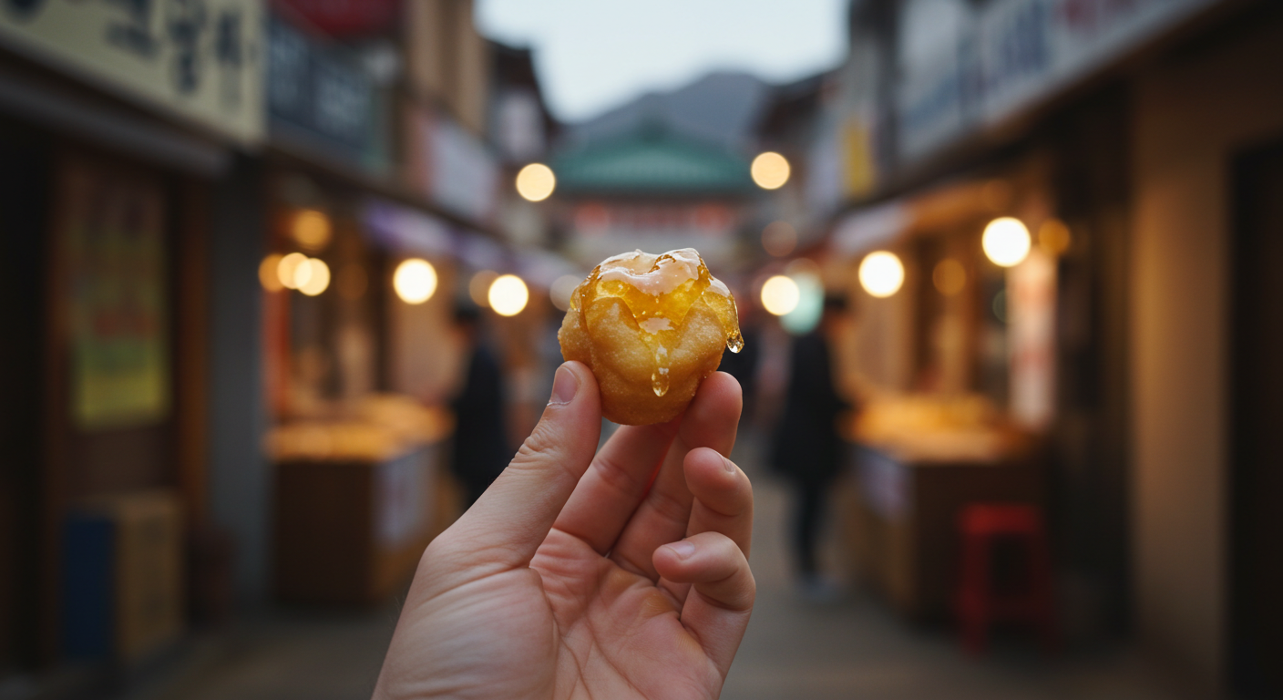 강원도 전통시장에서 맛있는 길거리 음식을 먹는 한국인