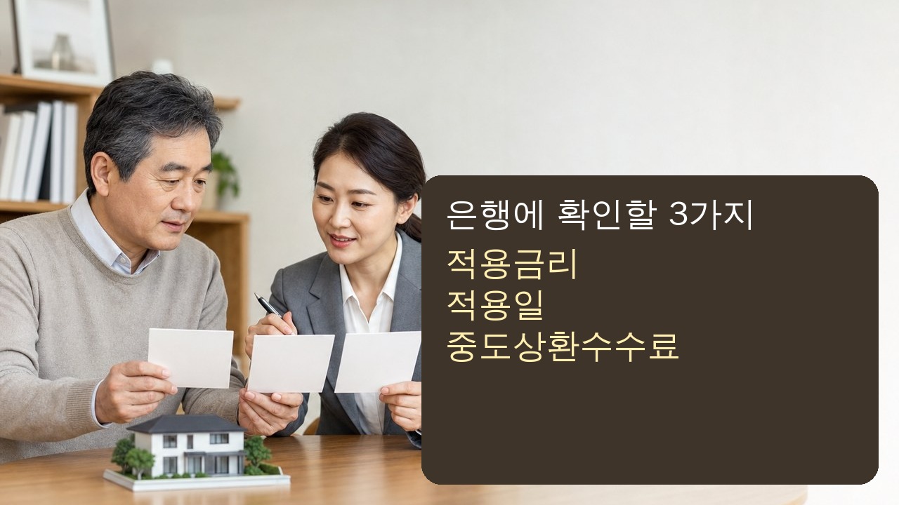 은행 상담에서 다음 적용금리와 적용일, 중도상환수수료를 확인하는 장면