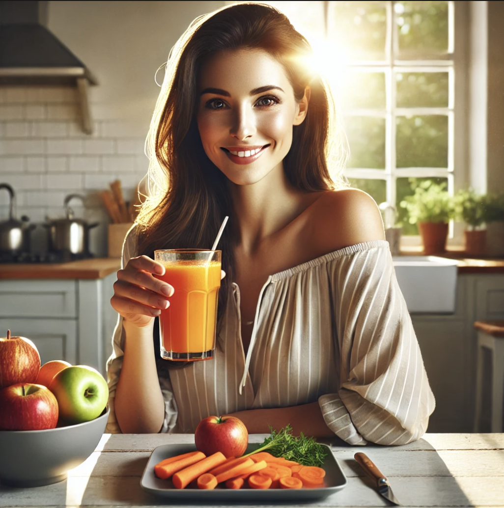 당근과 사과, 당근사과주스를 먹고 있는 여성