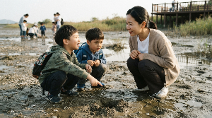 체험학습 중 발견한 것을 부모에게 이야기하는 유치원생과 초등 저학년 아이