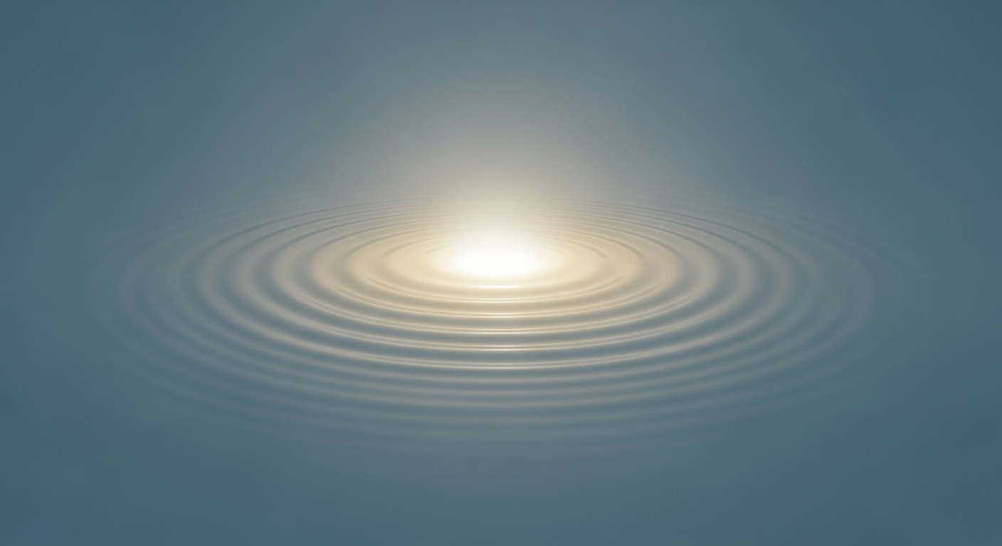 잔잔한 파동 또는 부드러운 빛의 확산으로 표현된 차분한 호흡, 마음 챙김 명상을 통한 평온함.