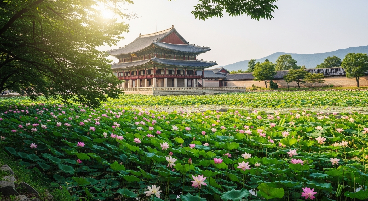 궁전 앞 호수에 연꽃이 활짝 피어있는 모습