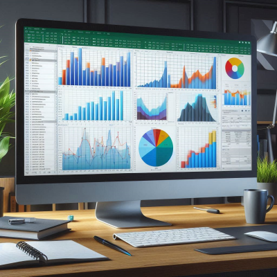 다양한 차트와 그래프를 분석하는 모니터를 보며 회의하는 사람들.