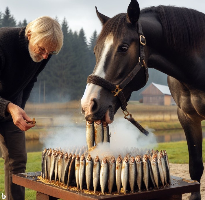말이 훈제 청어의 냄새를 맡으며 집중력 훈련을 받는 모습