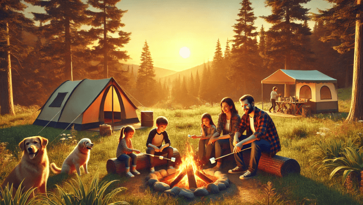 5명의 가족이 캠핑 중 모닥불에 마시멜로를 구워먹는 장면