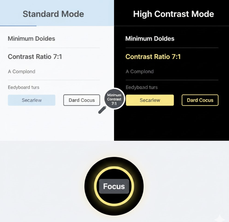 일반 웹 화면과 고대비 설정이 적용된 화면의 가독성 차이를 보여주며, WCAG 텍스트 대비율 기준과 명확한 UI 요소 구분을 설명하는 접근성 가이드 인포그래픽 이미지.
