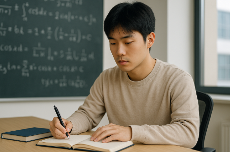 조용한 강의실에서 필기 중인 학생