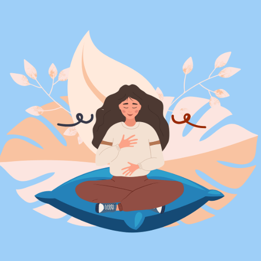 여성이 방석에 앉아 단전호흡을 하고 있다