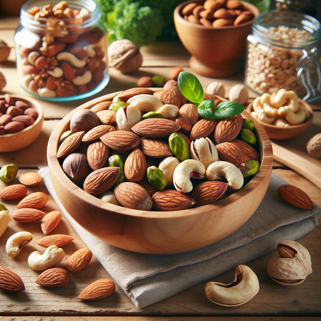 "아몬드, 호두, 캐슈넛, 피스타치오가 담긴 건강한 견과류 한 그릇이 나무 주방 테이블 위에 놓여 있는 모습"