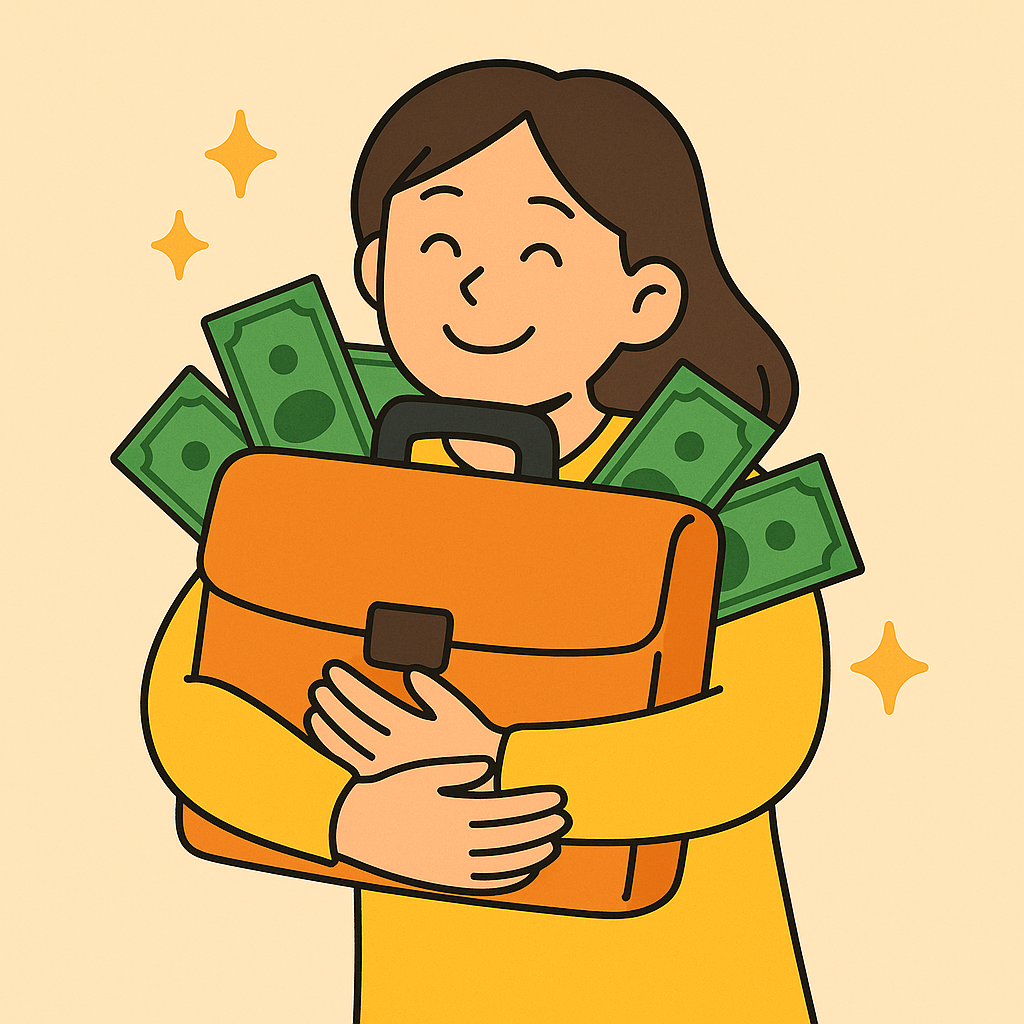 밝은 배경 속에서 주황색 서류 가방에 가득한 지폐를 안고 기쁘게 웃고 있는 여성의 일러스트. 조기재취업수당의 혜택을 상징적으로 표현한 이미지.