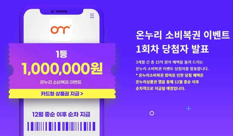 온누리상품권쓰고 온누리소비복권 이벤트 1회차 당첨자 발표 사진으로 1등 1백만원이 찍힌 그림